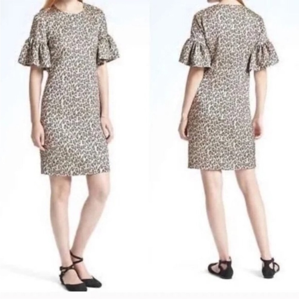 Banana Republic Leopard Print Metallic Ruffle Sleeve‎ Mini Dress Satin Womens 8